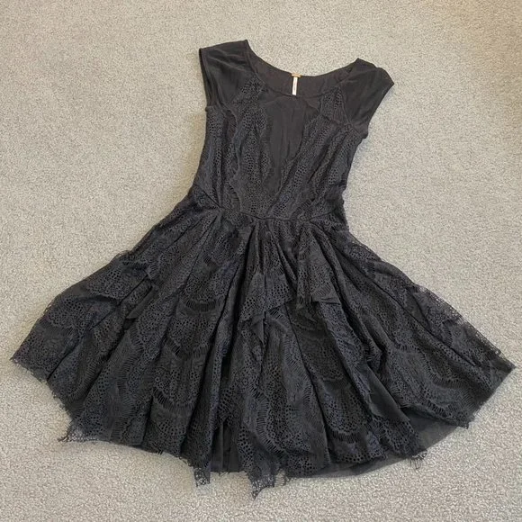 Free People | Dresses | Free People Lace Overlay Sheer Black Dress Lace  Handkerchief Hem Xsmall D134 | Poshmark
